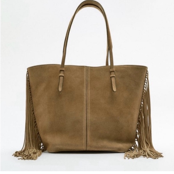 Zara Handbags - Zara Suede Fringe Tote in Taupe Brown